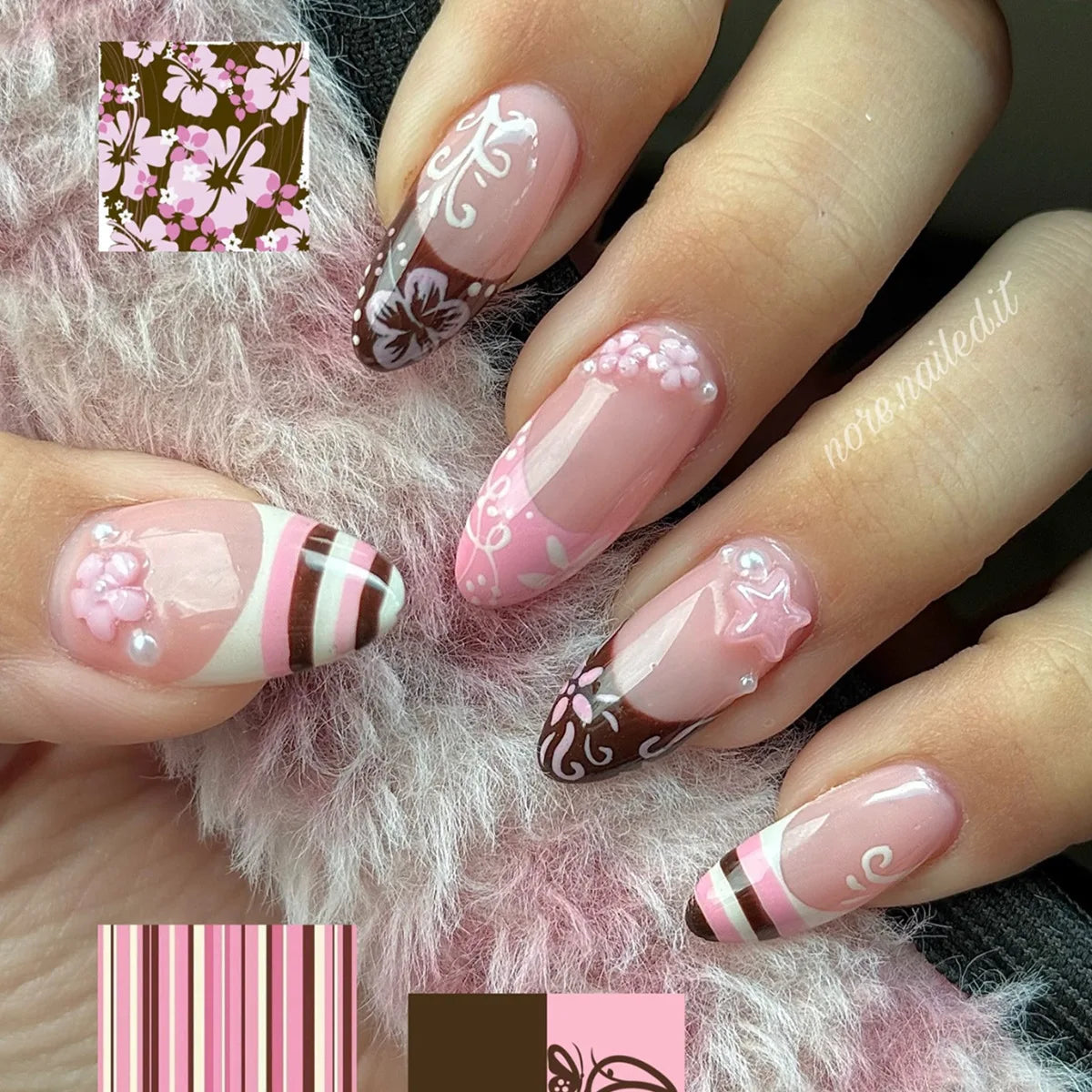 Medium and long almond armor, brown stripes, cute pink flower print nail art.