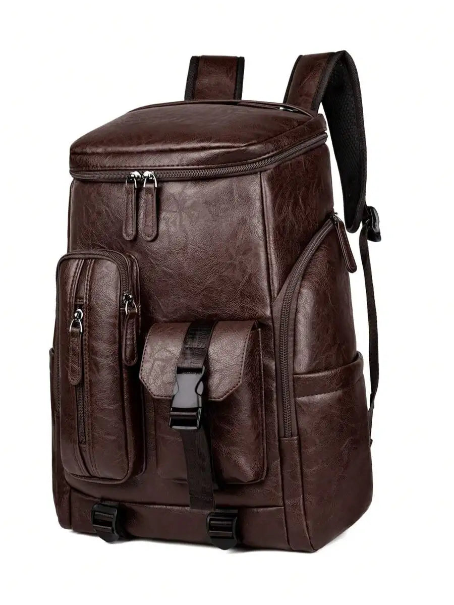 Men Multifunctional PU Leather Laptop Backpack Travel Bag