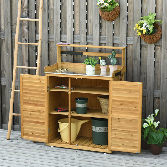 Wooden Potting Bench 3-Tier Storage Cabinet Table with Magnetic Latch Foot Pad