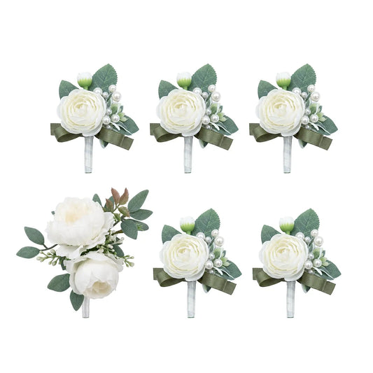 HiMISS Silk Peony Boutonniere Set With Pearl Corsage Lapel Pins