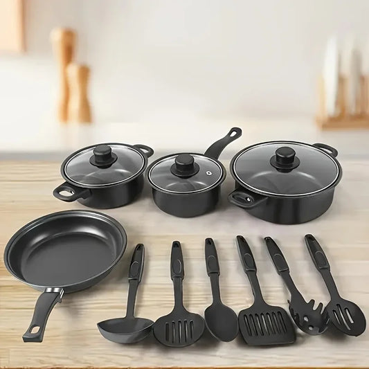 13-Piece Nonstick Cookware Set Black - Induction Compatible Pot Pan Set with Frying Pan & Utensils for Kitchen & Camping