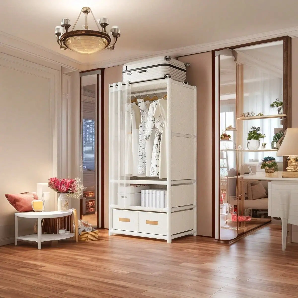 57"in Portable Wardrobe Closet with 4 Drawers, 3 Hanging Rods & 6 Shelves, Large Capacity Freestanding Clothes Storage Organizer for Hanging & Folding, White