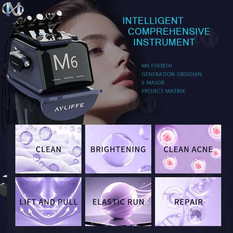 M6 Obsidian 6‑in‑1 Hydro Facial Machine Pore Deep Cleansing Blackhead Removal Plasma Acne Repair Oxygen Infusion Microcurrent Anti‑Aging Hot Cold Therapy Desktop Salon Skin Care Device