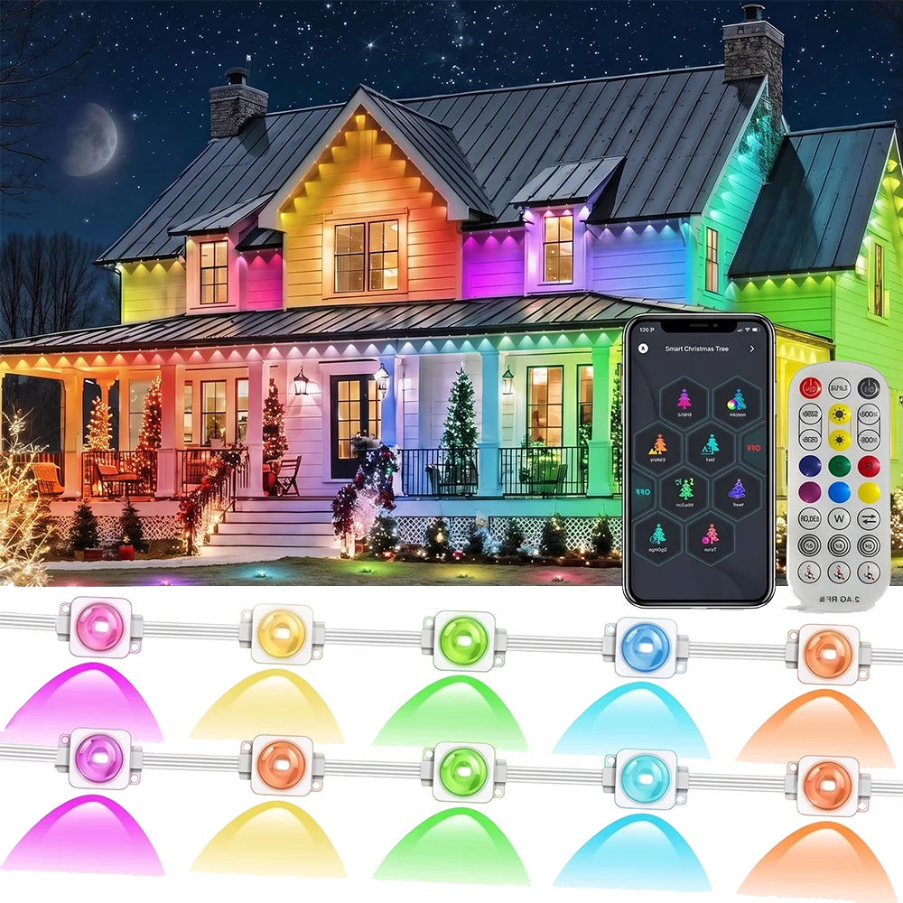 45M/60M/90M RGBIC Eaves Lights,LED Permanent Outdoor Lights with APP Remote Control  IP67 Waterproof String Lights for Christmas