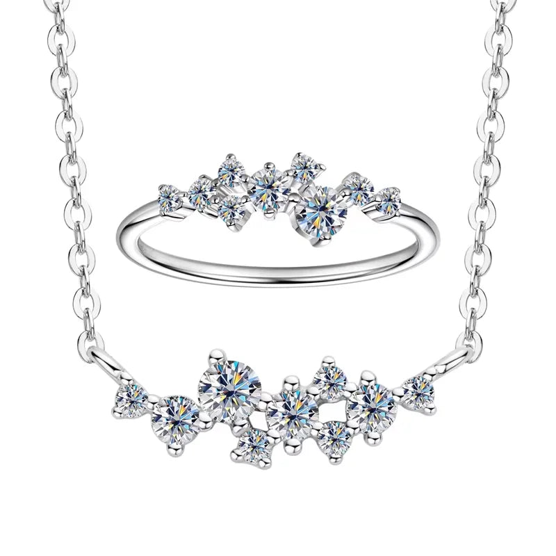 Lnngy Sterling Silver Cluster Pendant Necklace Moissanite Ring Set