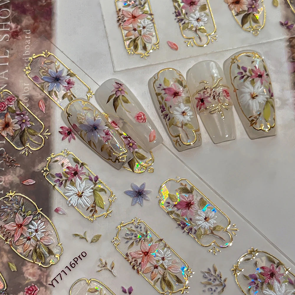 Golden Edge 5D Embossed Self Adhesive Floral Nail Stickers