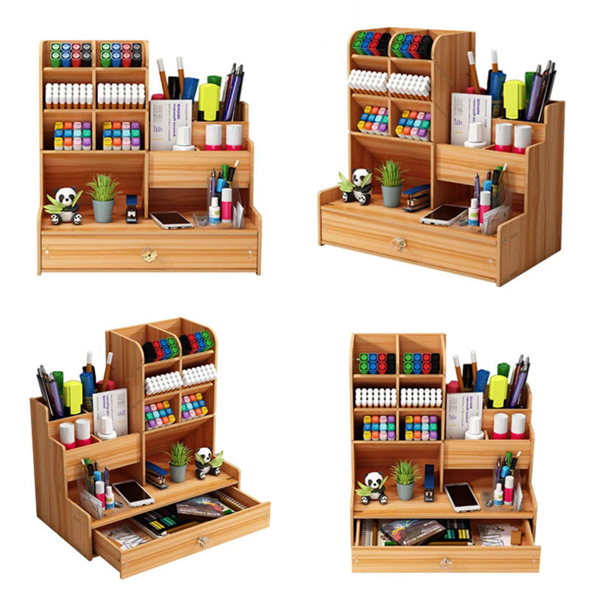 Wooden Pen Holder Storage Box With Drawer For Office Desk