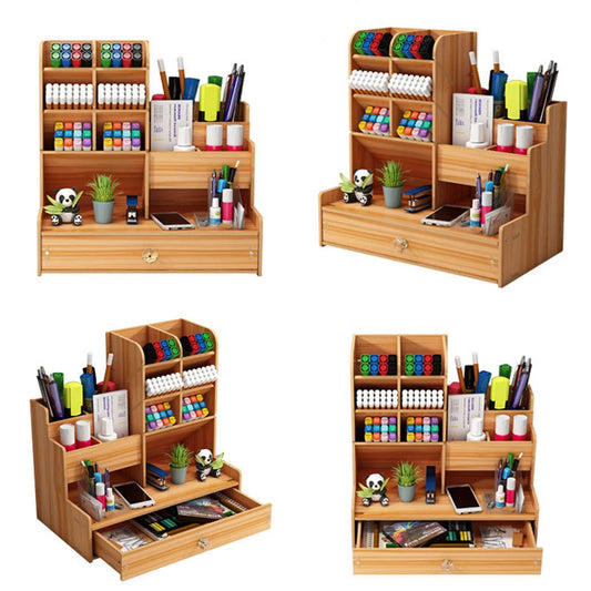 Wooden Pen Holder Storage Box With Drawer For Office Desk