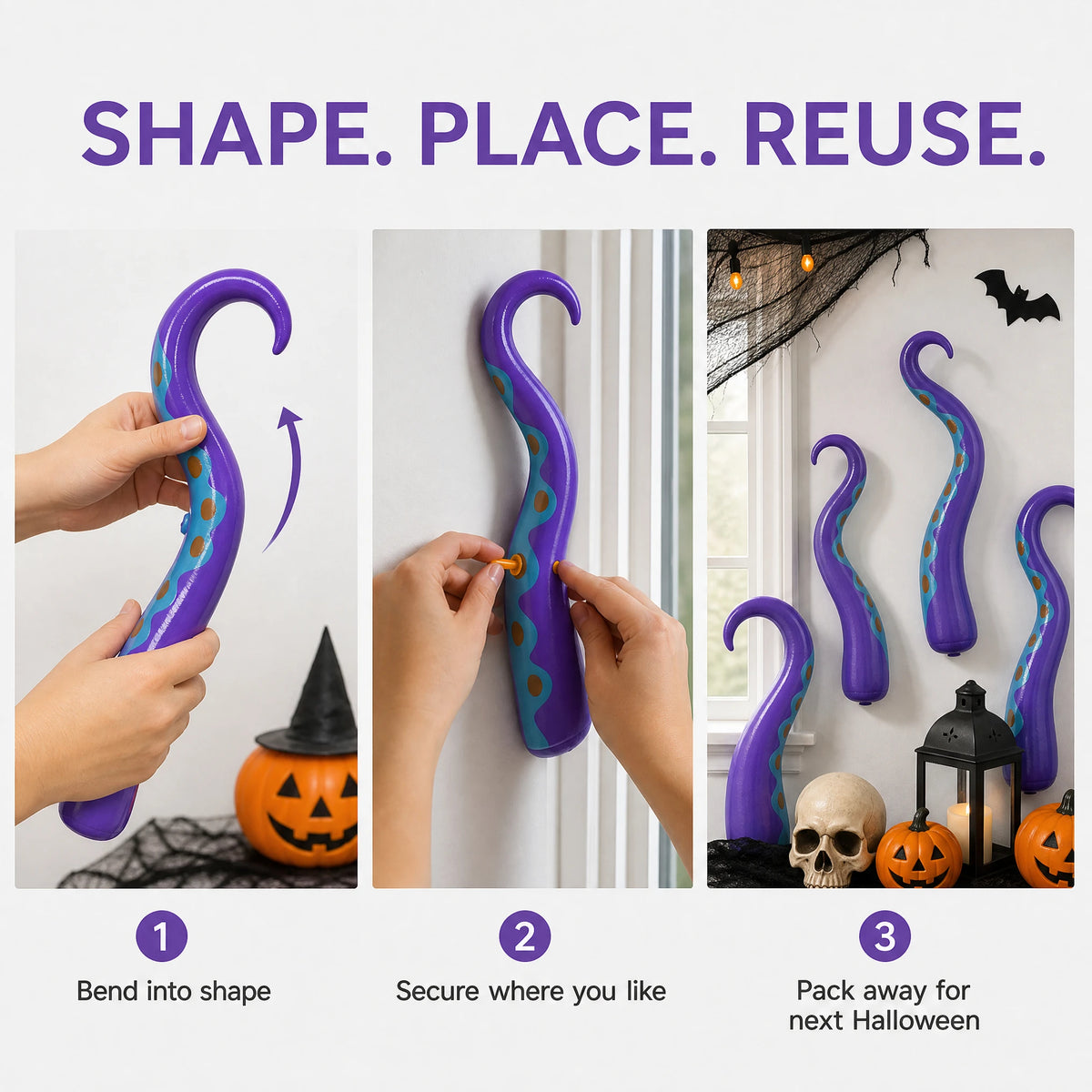 Halloween Purple Inflatable Octopus Tentacles, PVC Blow‑up Octopus Arms, Spooky Decor Props for Yard Window Haunted House Ocean Theme Party Supplies