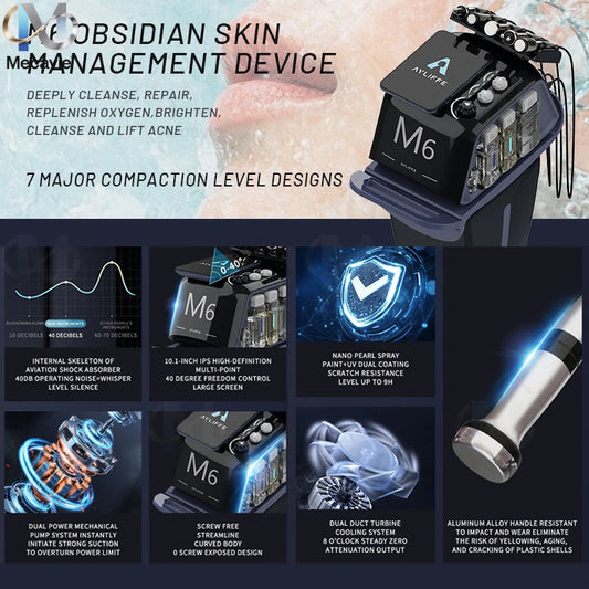 M6 Obsidian 6‑in‑1 Hydro Facial Machine Pore Deep Cleansing Blackhead Removal Plasma Acne Repair Oxygen Infusion Microcurrent Anti‑Aging Hot Cold Therapy Desktop Salon Skin Care Device