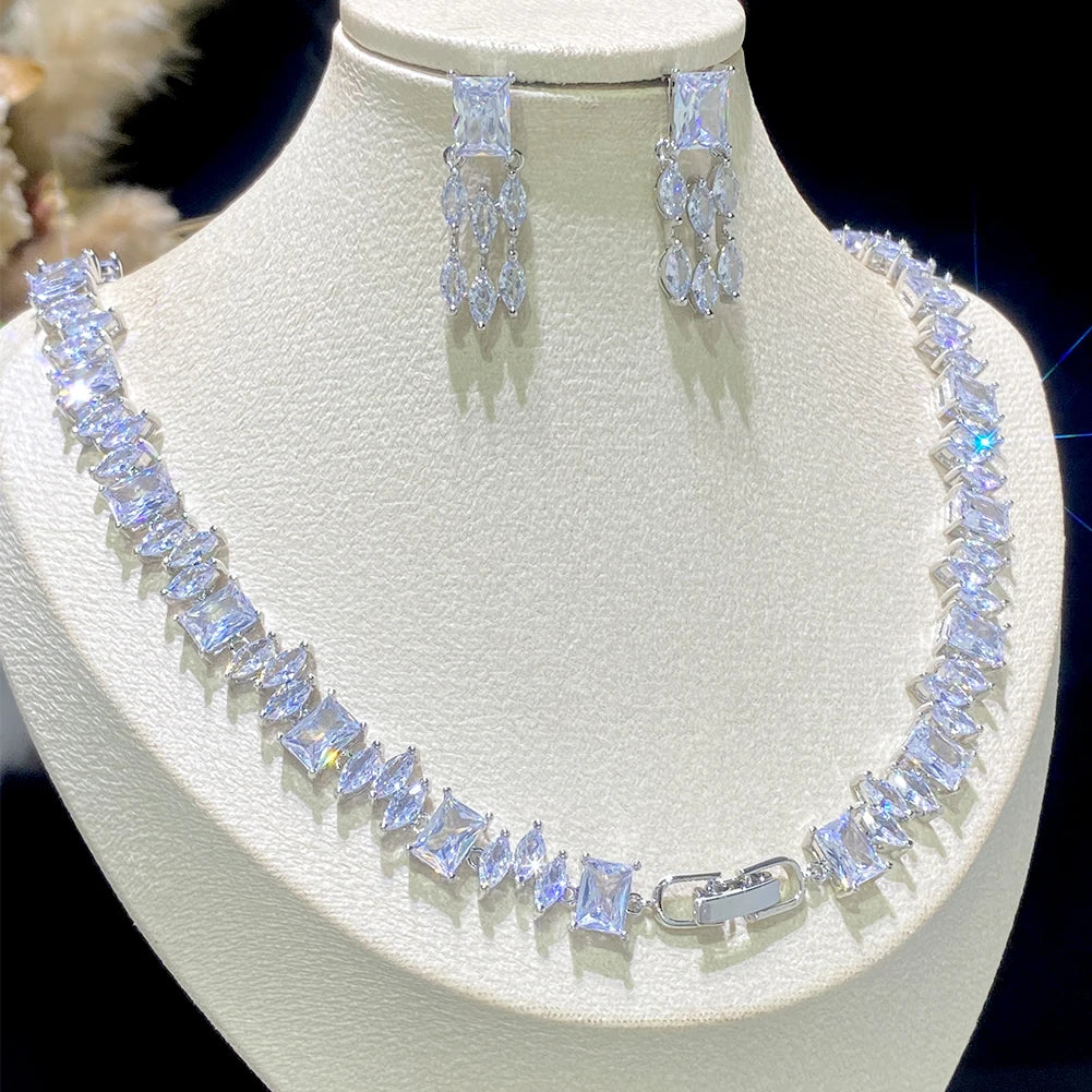 ASNORA Classic Square Zircon Wedding Necklace And Earrings Bridal Set