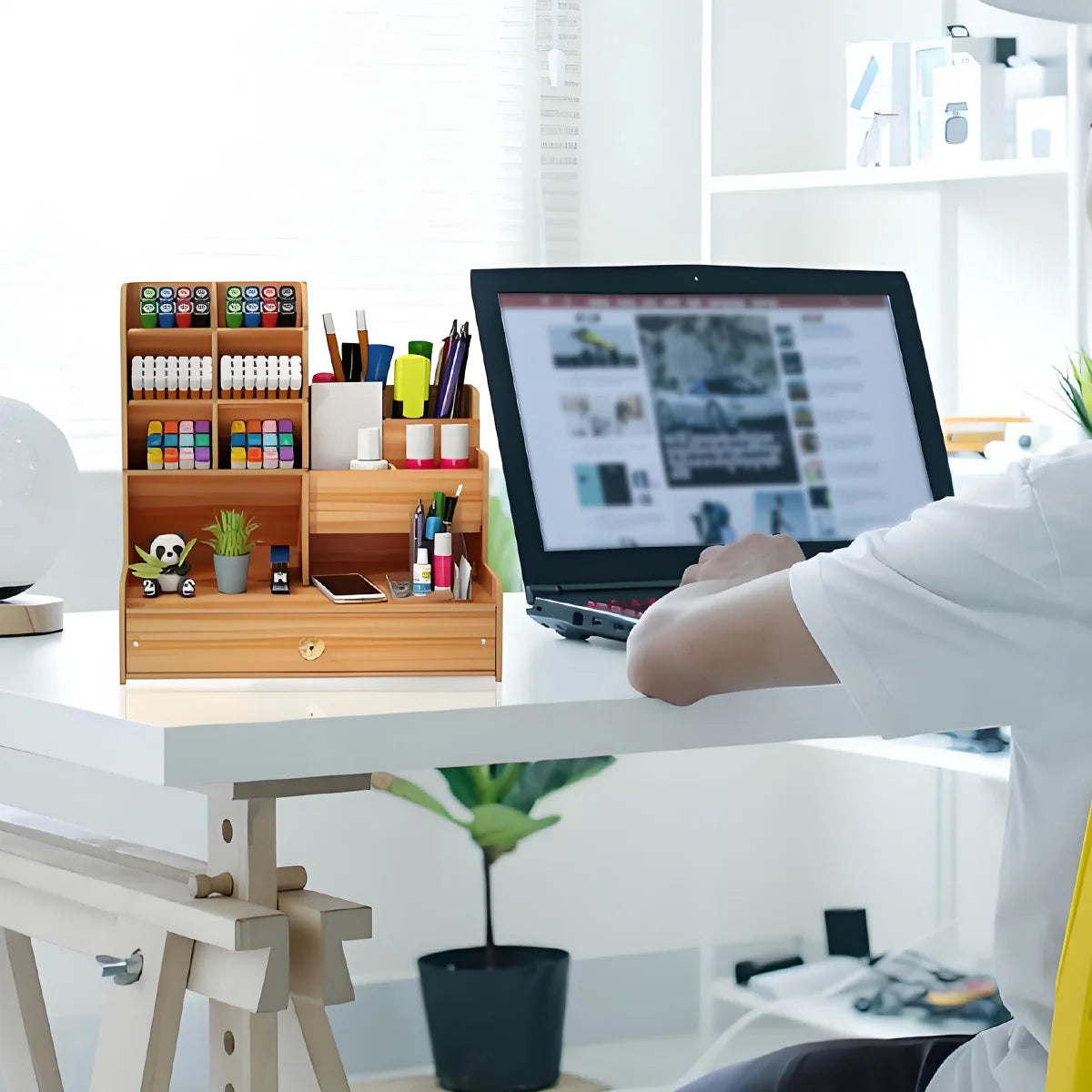 Wooden Pen Holder Storage Box With Drawer For Office Desk