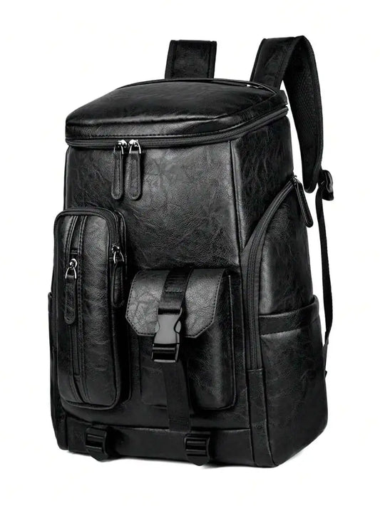 Men Multifunctional PU Leather Laptop Backpack Travel Bag