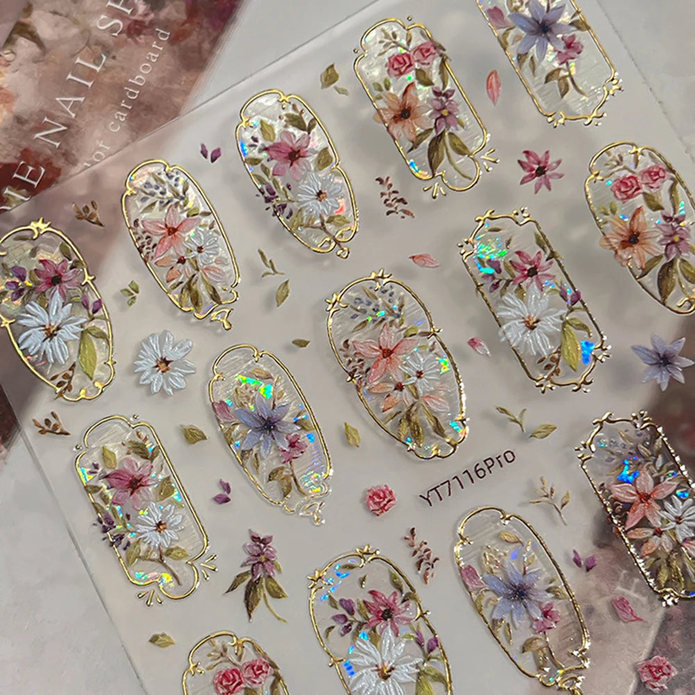 Golden Edge 5D Embossed Self Adhesive Floral Nail Stickers