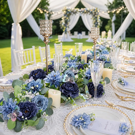 2-Pack Artificial Eucalyptus Navy Blue Rose Garland with 3D Silver Butterflies, 180cm Silk Plastic Floral Vine Realistic Greenery Swag for Wedding Arch Rustic Party Home Table Décor