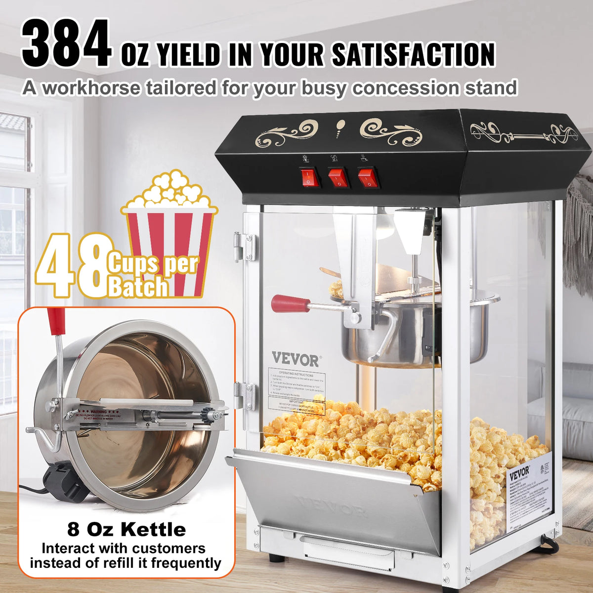 SucceBuy Popcorn Popper Maker Machine 8 Oz Kettle Makes 48 Cups per Batch Countertop Includes 4 Scoops Movie Theater Style