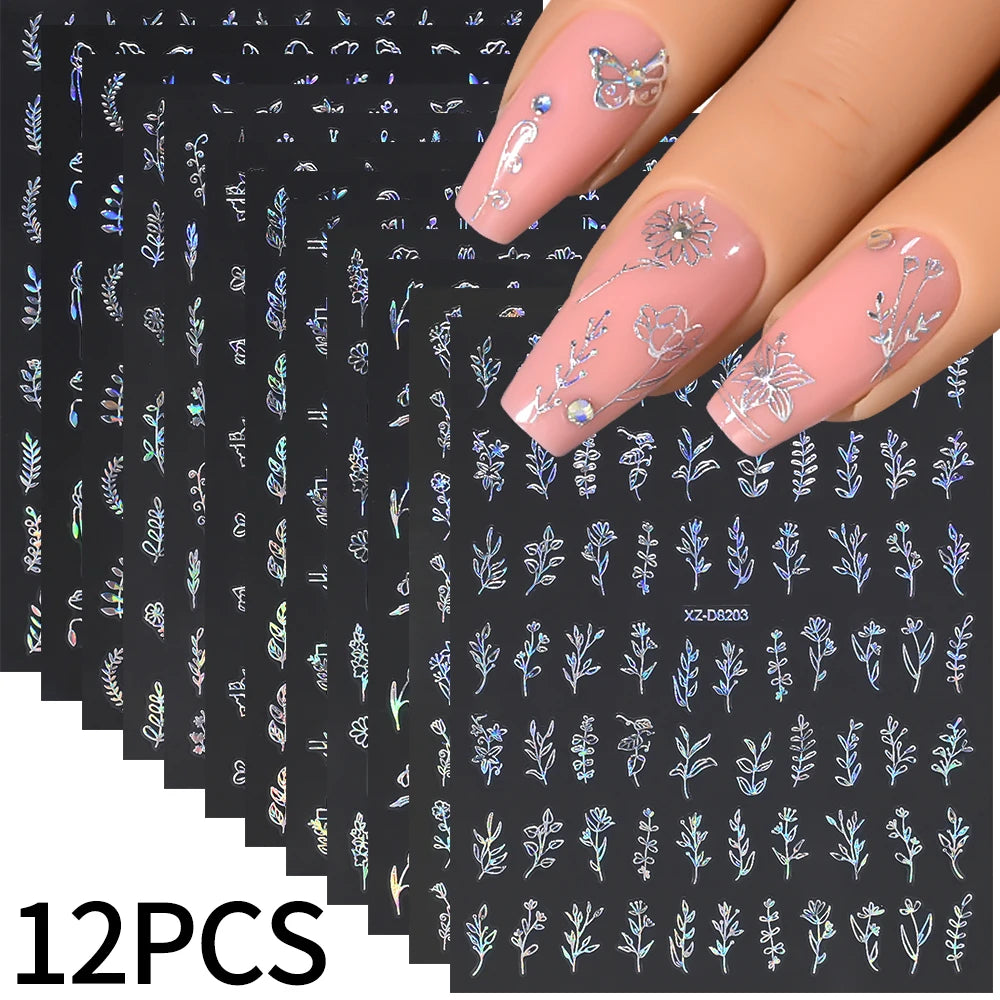 12pcs Metal Simple Leaf Nail Stickers 3D Gold Leaves Flower Bronzing Self-Adhesive Slider Nail Decals DIY Manicure Decoration