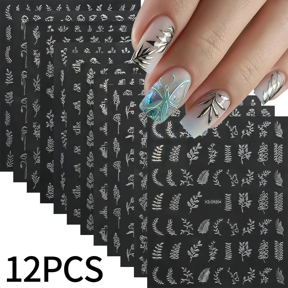 12pcs Metal Simple Leaf Nail Stickers 3D Gold Leaves Flower Bronzing Self-Adhesive Slider Nail Decals DIY Manicure Decoration