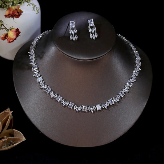 ASNORA Classic Square Zircon Wedding Necklace And Earrings Bridal Set