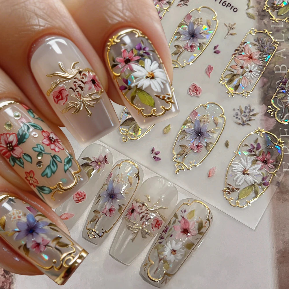 Golden Edge 5D Embossed Self Adhesive Floral Nail Stickers