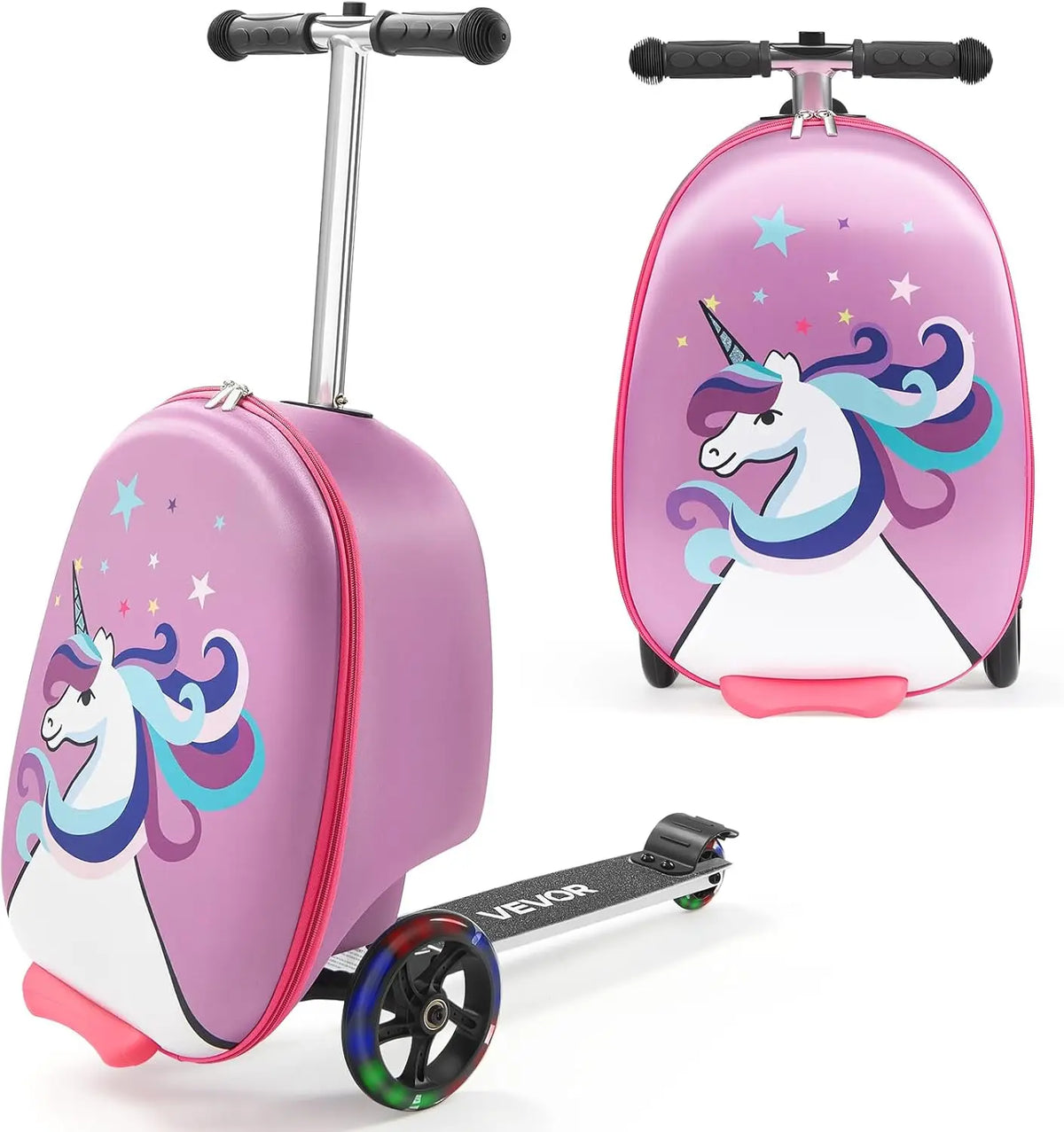 20L 20 Inch Purple Kids Ride-on Luggage Scooter Suitcase Flash PU Wheels Adjustable Handle TPR Grip Foldable for 5+ Kids Travel