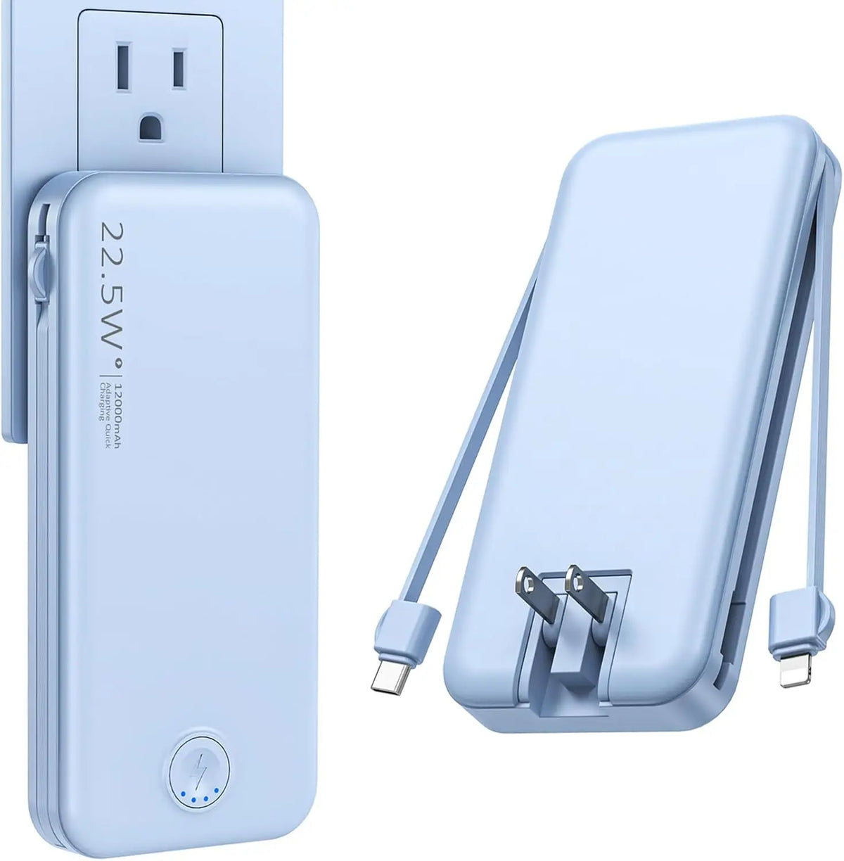 （Pink）Portable 12000mAh AC Wall Charger Power Bank with Built-in Cables,USB-C Fast Charging,Ultra-Slim Design,Travel Essential