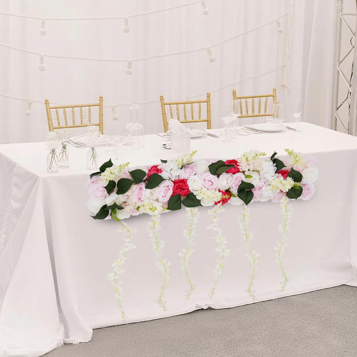 100cm Artificial Silk Flower Row Wall Decor, 3D Fake Flower Garland Hanging for Wedding Party Home Garden, No Watering Needed