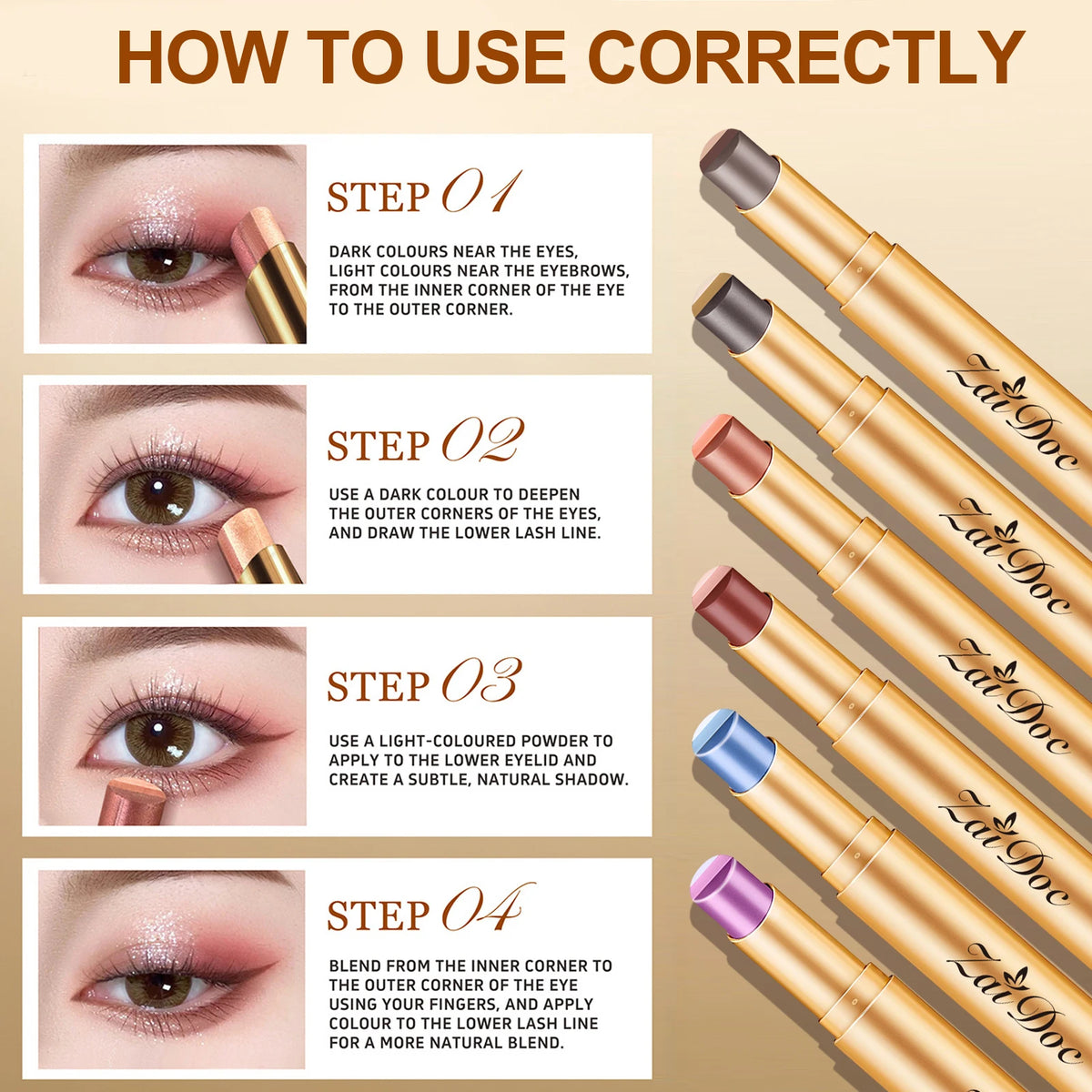ZaiDoc 3 Color-in-1 Eyeshadow Stick Glitter Shimmer Natural Creamy Long Lasting Makeup 3.5g Each
