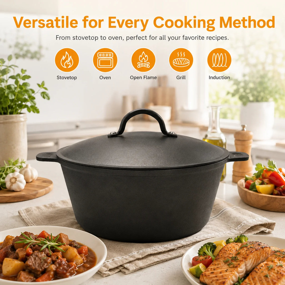 HANSMART 5.2Qt Lightweight Cast Iron Dutch Oven Honeycomb Base Non-Stick Cooking Pot With Lid Induction Safe Multipurpose Cookware For Home Camping Stew Soup Bread Baking