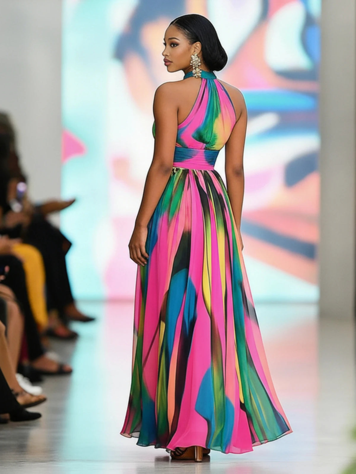 Women Halter Neck Printed Polyester Maxi Dress With Slit