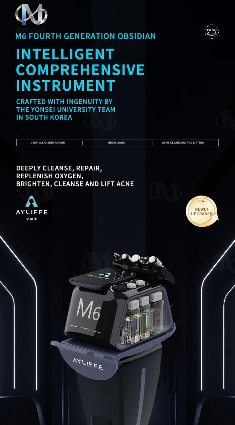 M6 Obsidian 6‑in‑1 Hydro Facial Machine Pore Deep Cleansing Blackhead Removal Plasma Acne Repair Oxygen Infusion Microcurrent Anti‑Aging Hot Cold Therapy Desktop Salon Skin Care Device
