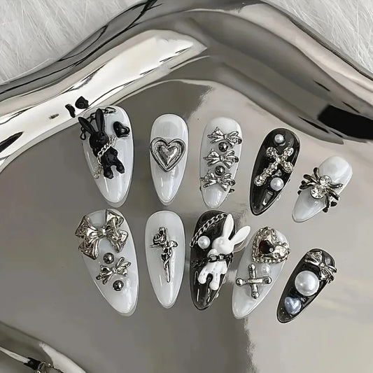 Gothic Minimalist Nail Art Set With Rabbit And Bow Design