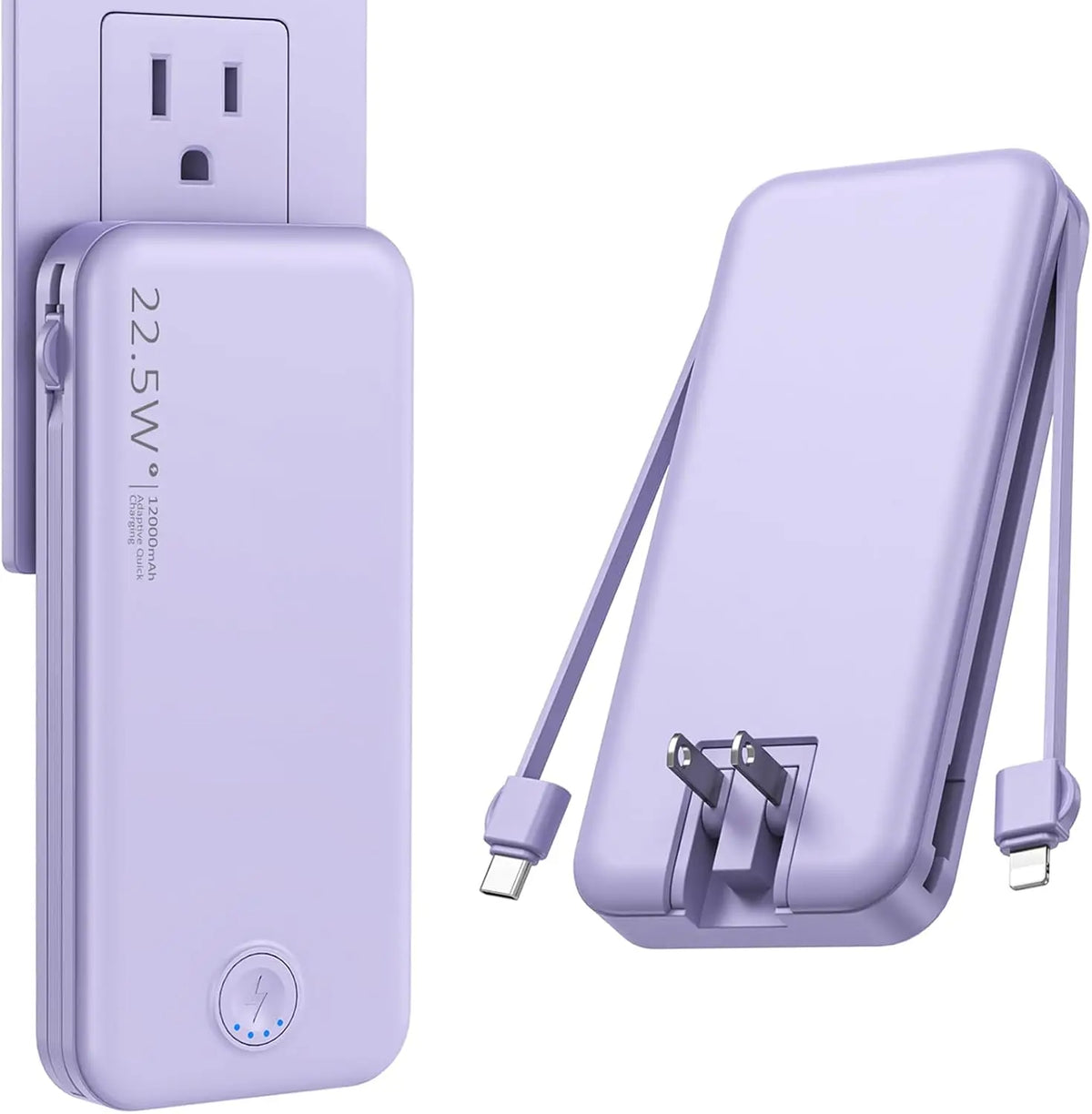 （Pink）Portable 12000mAh AC Wall Charger Power Bank with Built-in Cables,USB-C Fast Charging,Ultra-Slim Design,Travel Essential