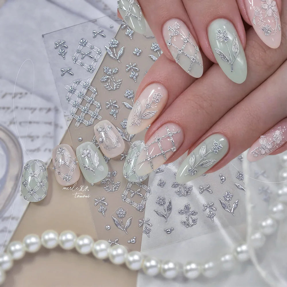 Golden Edge 5D Embossed Self Adhesive Floral Nail Stickers