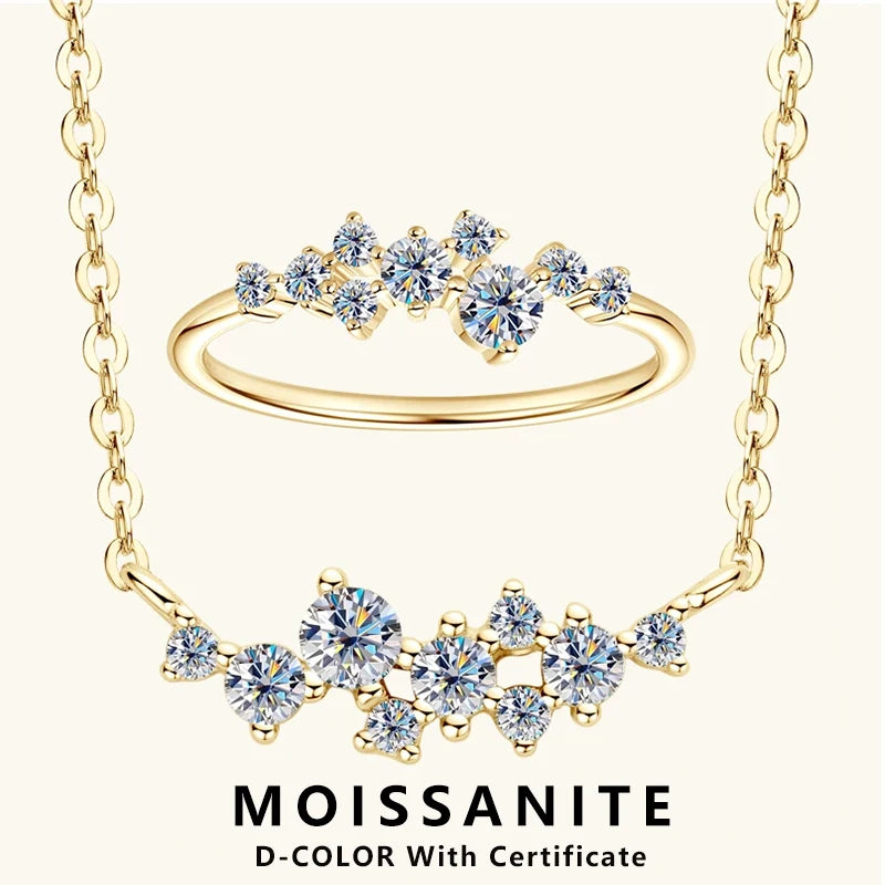 Lnngy Sterling Silver Cluster Pendant Necklace Moissanite Ring Set