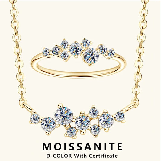 Lnngy Sterling Silver Cluster Pendant Necklace Moissanite Ring Set