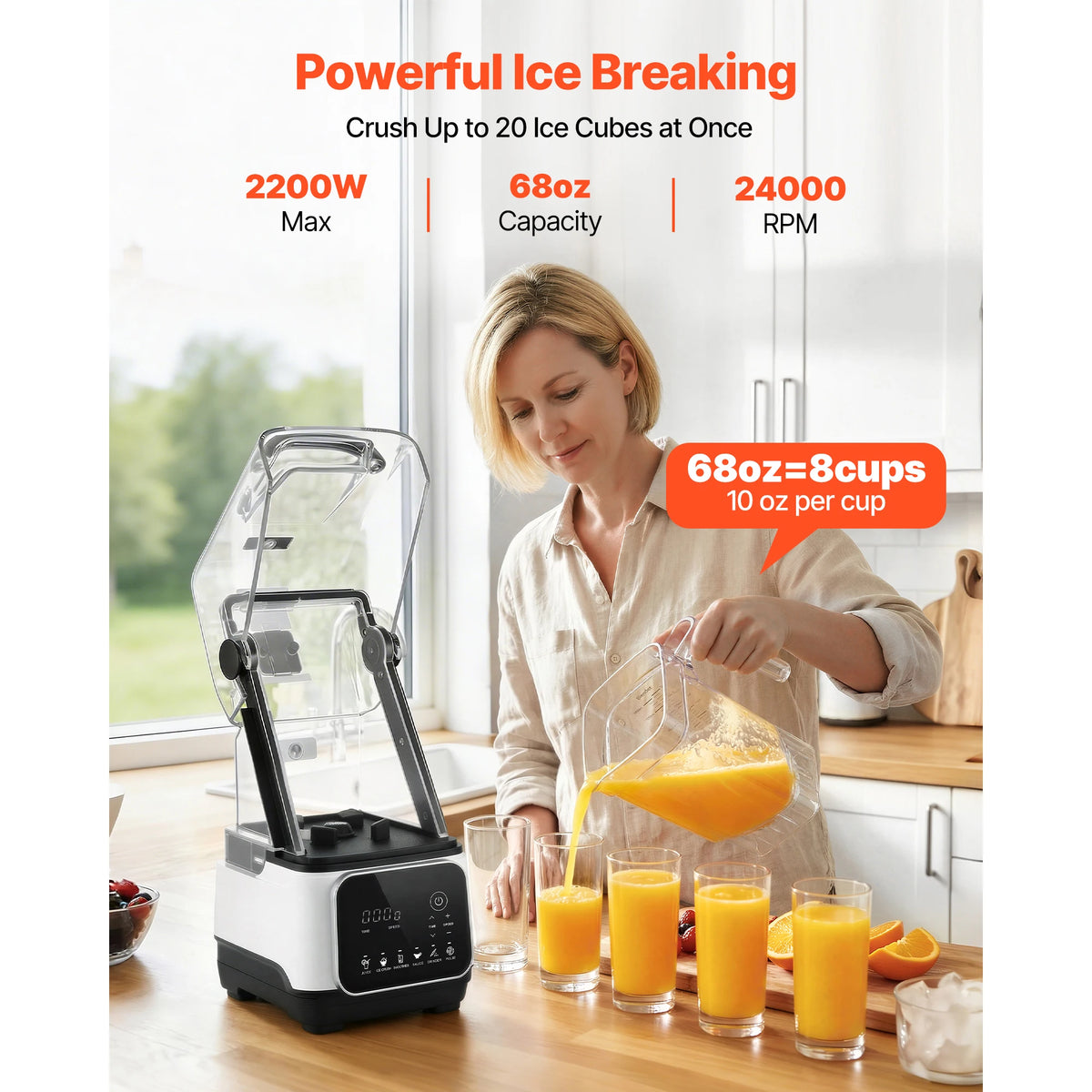 SucceBuy 68oz Countertop Blenders with Shield 2200W 26000RPM Kitchen Food Processor Combo 6Preset Menu for Smoothies White/Black
