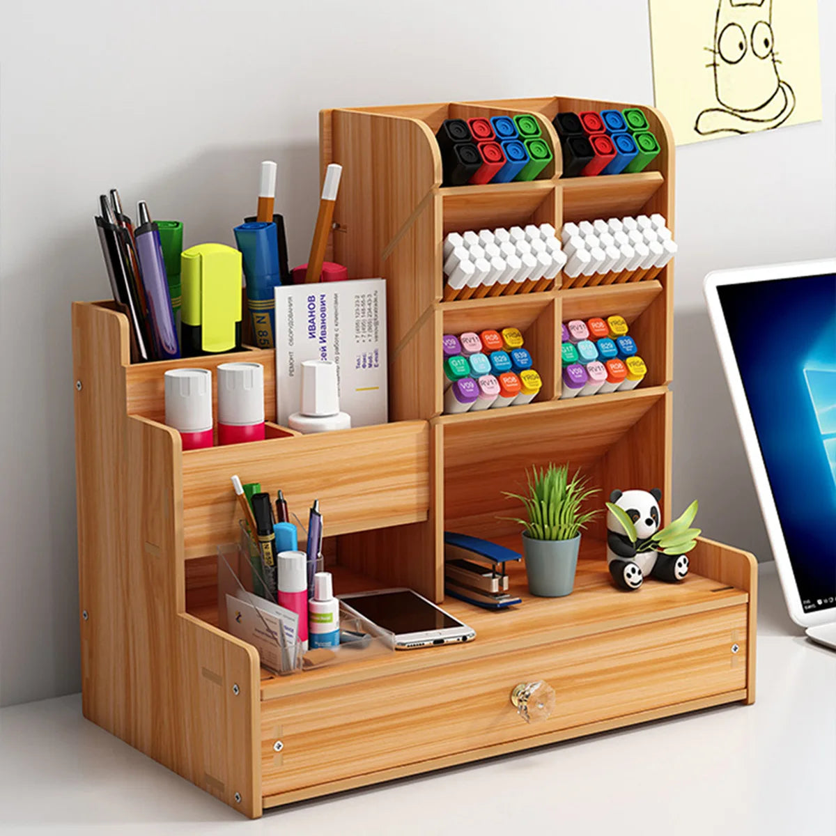 Wooden Pen Holder Storage Box With Drawer For Office Desk