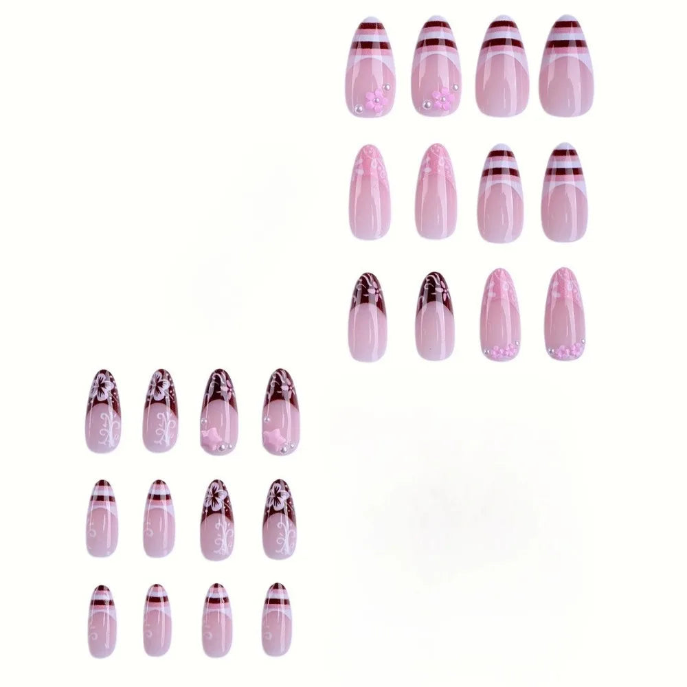 Medium and long almond armor, brown stripes, cute pink flower print nail art.