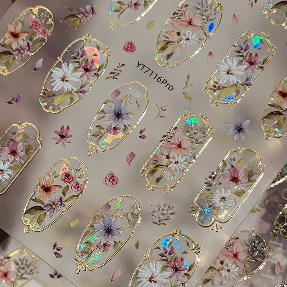 Golden Edge 5D Embossed Self Adhesive Floral Nail Stickers