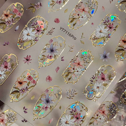 Golden Edge 5D Embossed Self Adhesive Floral Nail Stickers