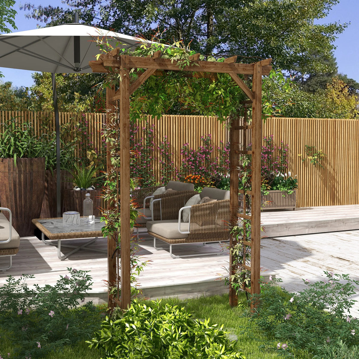 7 ft Natural Wooden Backyard Pergola w/ Side Panel for Climbing Vines
