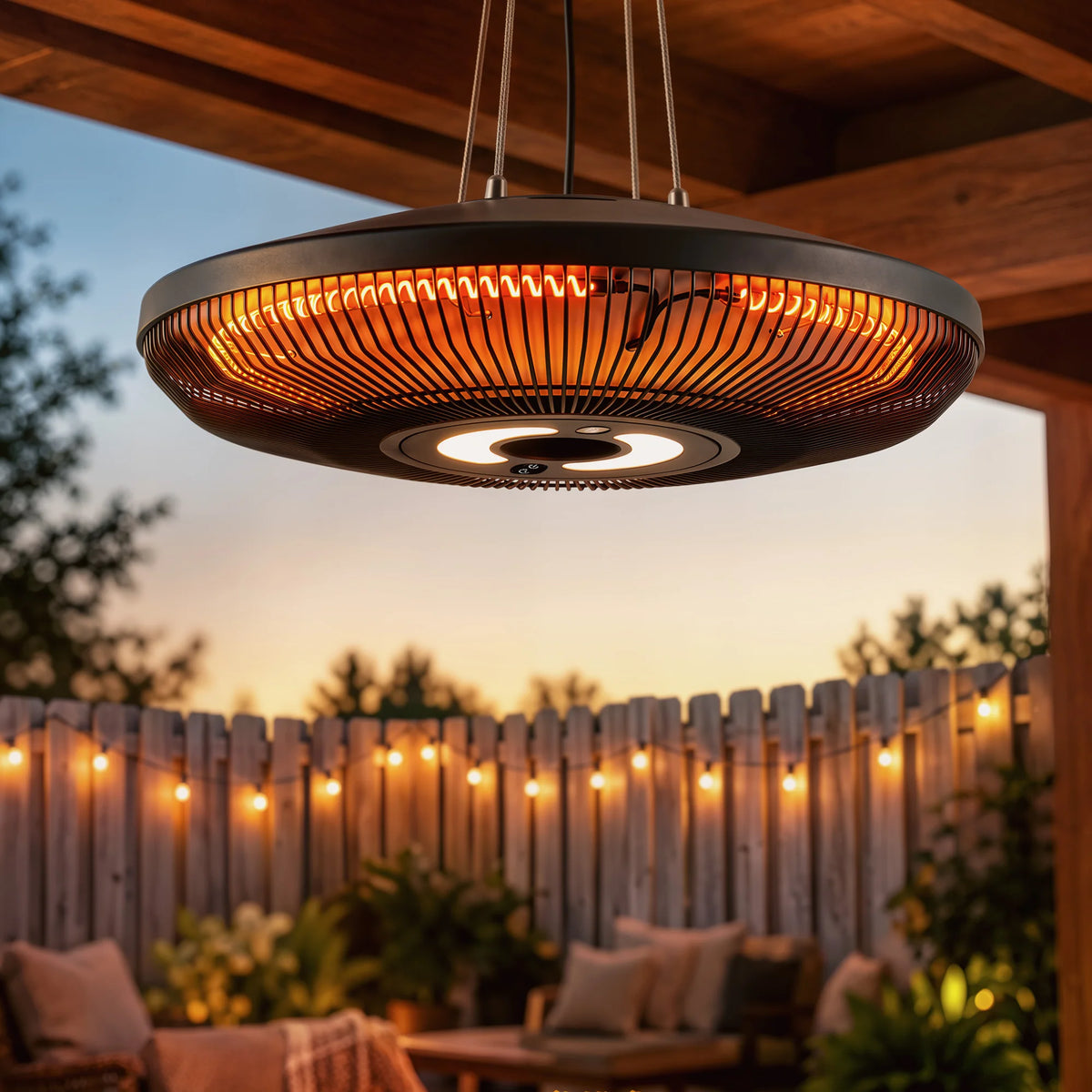 Electric Hanging Patio Heater w/ LED Light, 750/1500W, IP65, Black