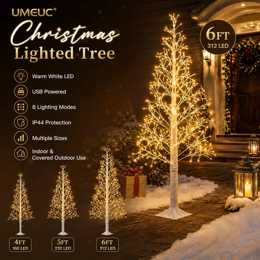 Christmas Lighted Tree, 4FT, 5FT, 6FT Warm White USB Powered Create a Warm Christmas Glow with 8 Lighting Modes, USB Powered and IP44 Design for Indoor Outdoor Seasonal Decorating.