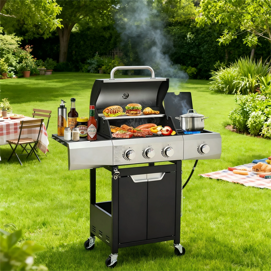 3-Burner BBQ Grill with Side Burner, 40,500 BTU Stainless Steel Propane Grill, Including Thermometer Wheels, Gas Grill for Garden Cooking and Family Gatherings