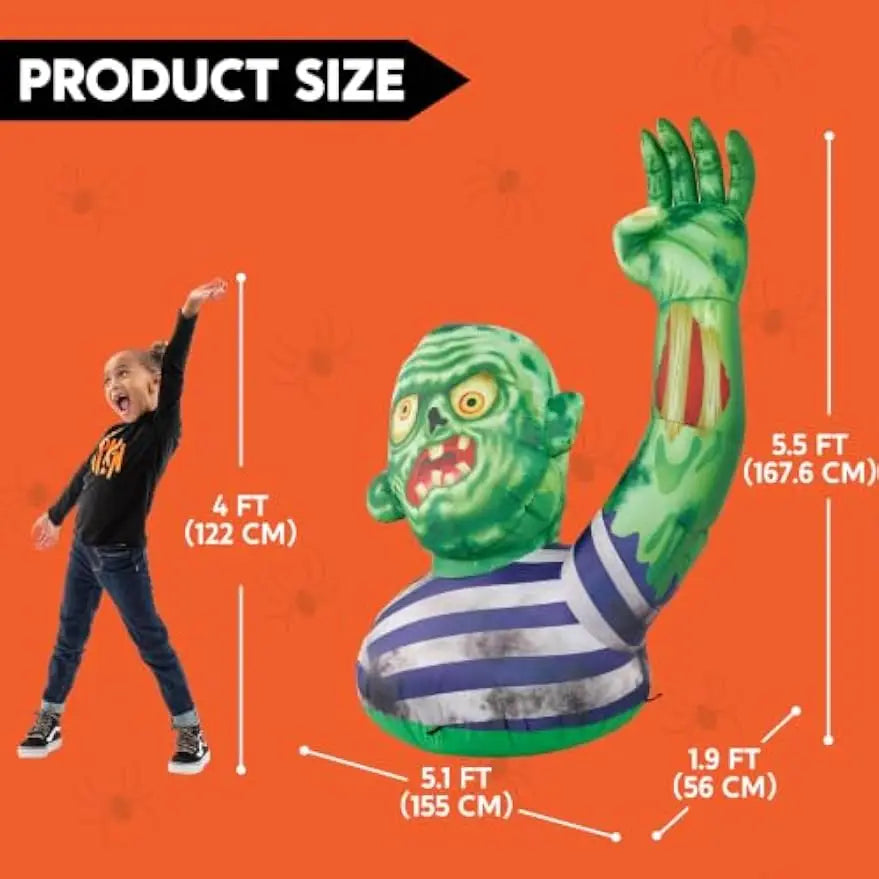 5.5FT Halloween Inflatable Zombie Decoration with Waving Raised Hand & Built-in LED Lights, Blow Up Zombie for Outdoor Yard Lawn Garden Indoor Porch Patio Home, Spooky Halloween Inflatable Decor