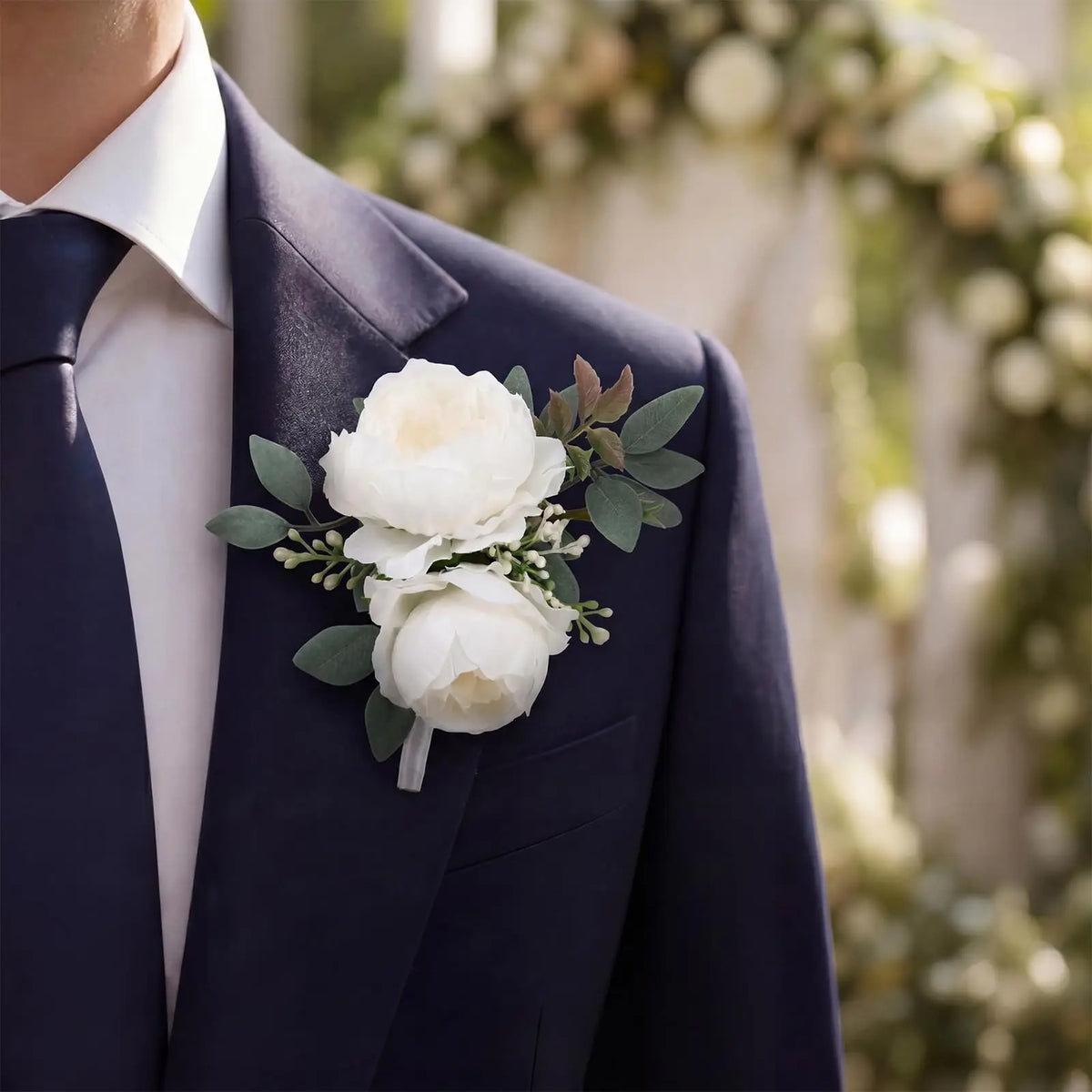 HiMISS Silk Peony Boutonniere Set With Pearl Corsage Lapel Pins