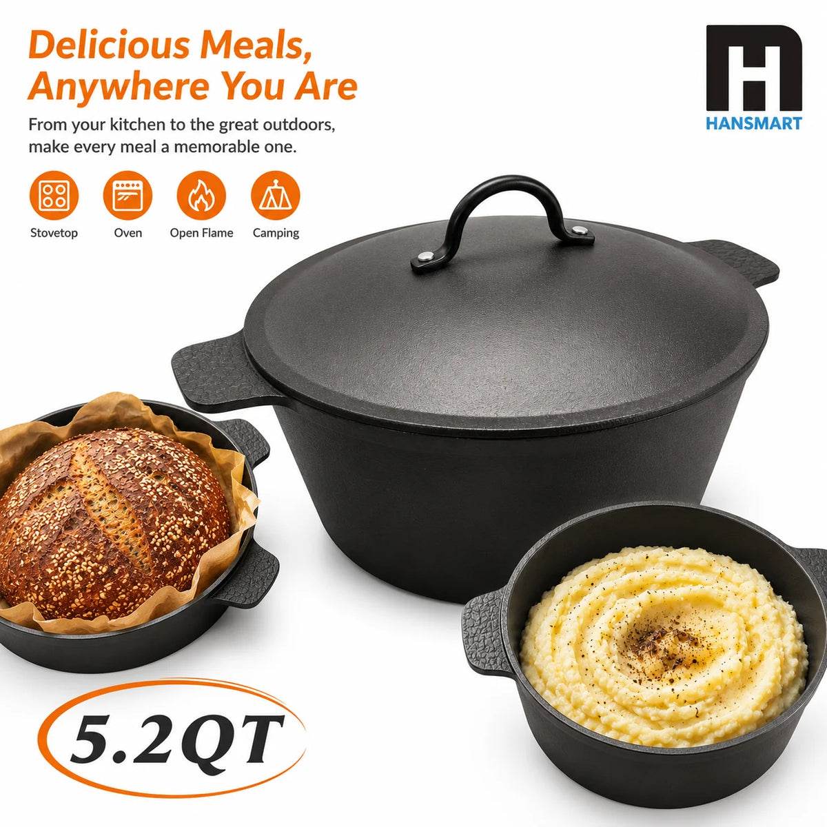 HANSMART 5.2Qt Lightweight Cast Iron Dutch Oven Honeycomb Base Non-Stick Cooking Pot With Lid Induction Safe Multipurpose Cookware For Home Camping Stew Soup Bread Baking