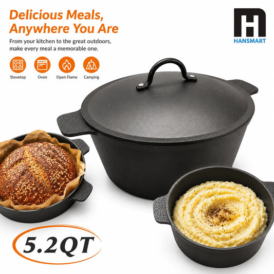 HANSMART 5.2Qt Lightweight Cast Iron Dutch Oven Honeycomb Base Non-Stick Cooking Pot With Lid Induction Safe Multipurpose Cookware For Home Camping Stew Soup Bread Baking
