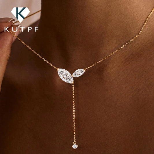 KUTPF Certified Marquise Moissanite Sterling Silver Lariat Pendant Necklace